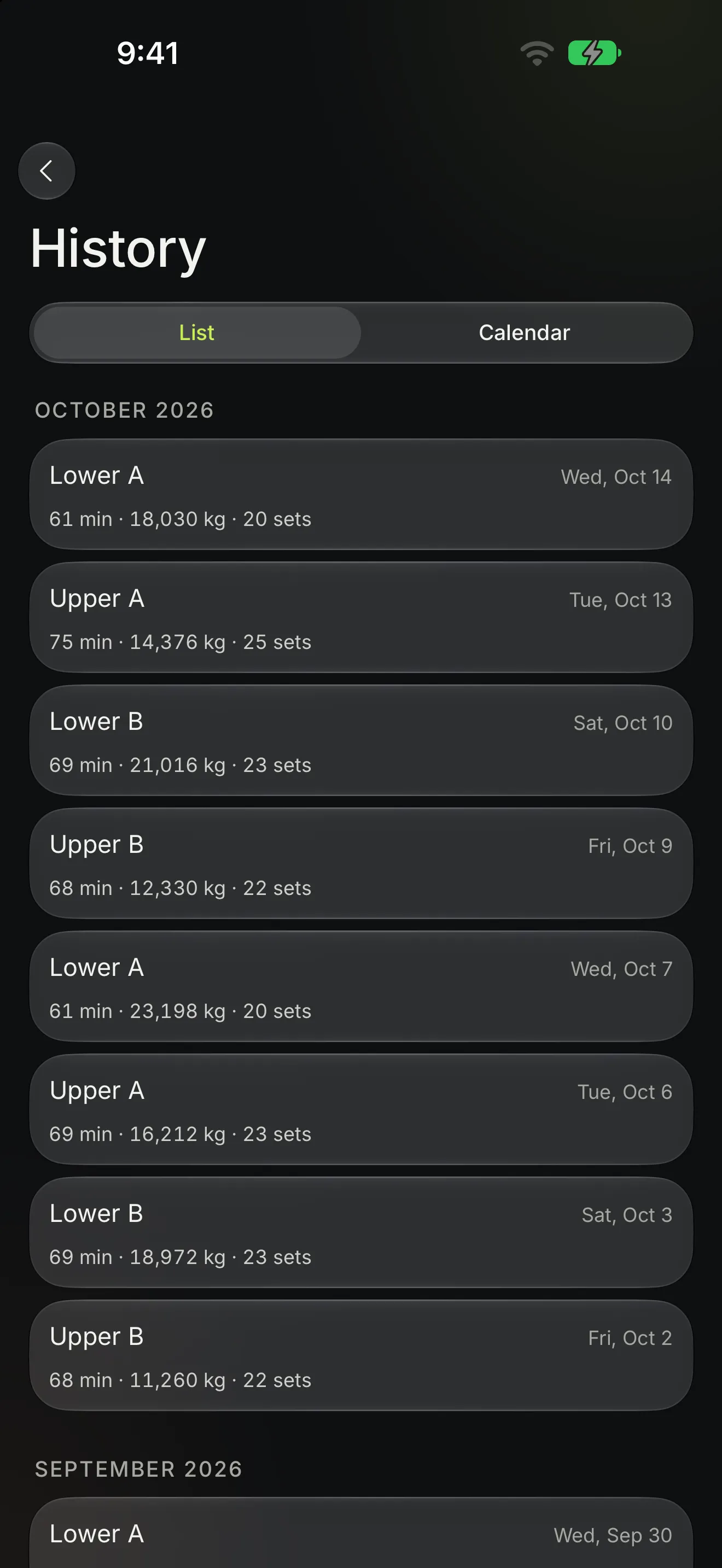 History: every session, on a calendar